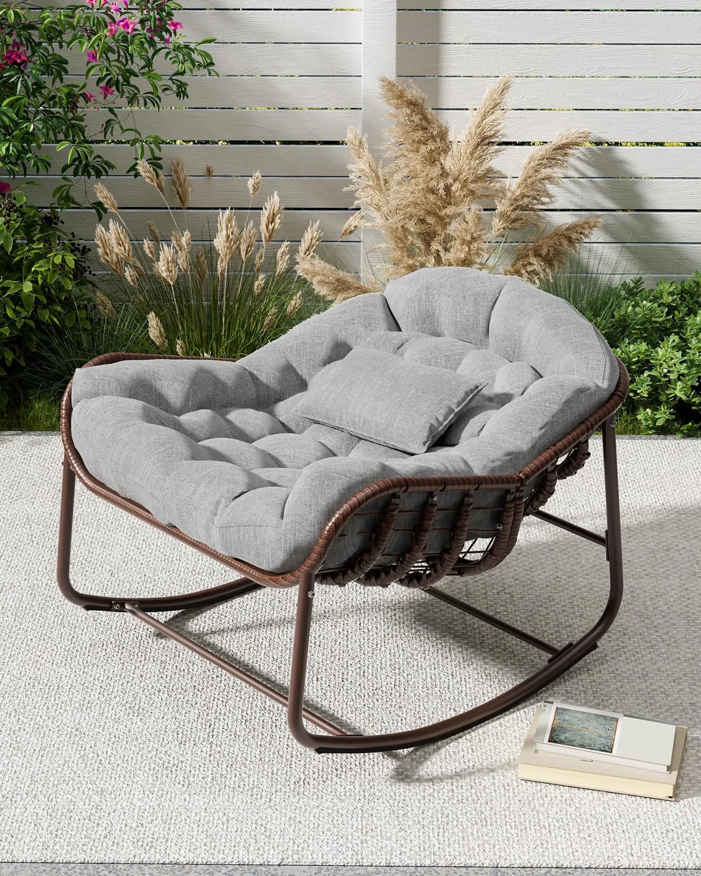 Oversized Wicker Egg Rocking Chair, Rattan Patio Rocker | Comfy Outdoor Rattan Patio Rocker with Steel Frame for Adults, Bedroom, Backyard, Balcony & Porch