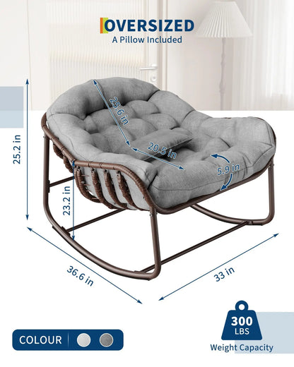 Oversized Wicker Egg Rocking Chair, Rattan Patio Rocker | Comfy Outdoor Rattan Patio Rocker with Steel Frame for Adults, Bedroom, Backyard, Balcony & Porch
