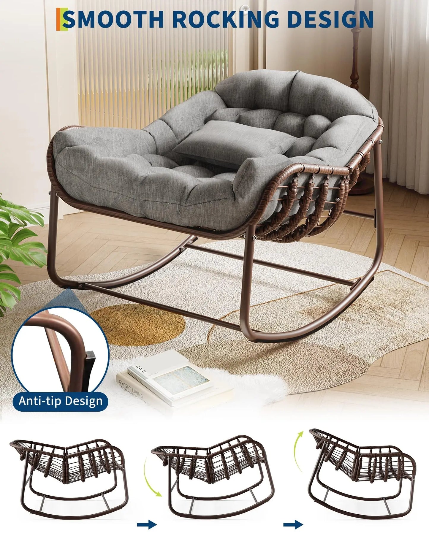 Oversized Wicker Egg Rocking Chair, Rattan Patio Rocker | Comfy Outdoor Rattan Patio Rocker with Steel Frame for Adults, Bedroom, Backyard, Balcony & Porch