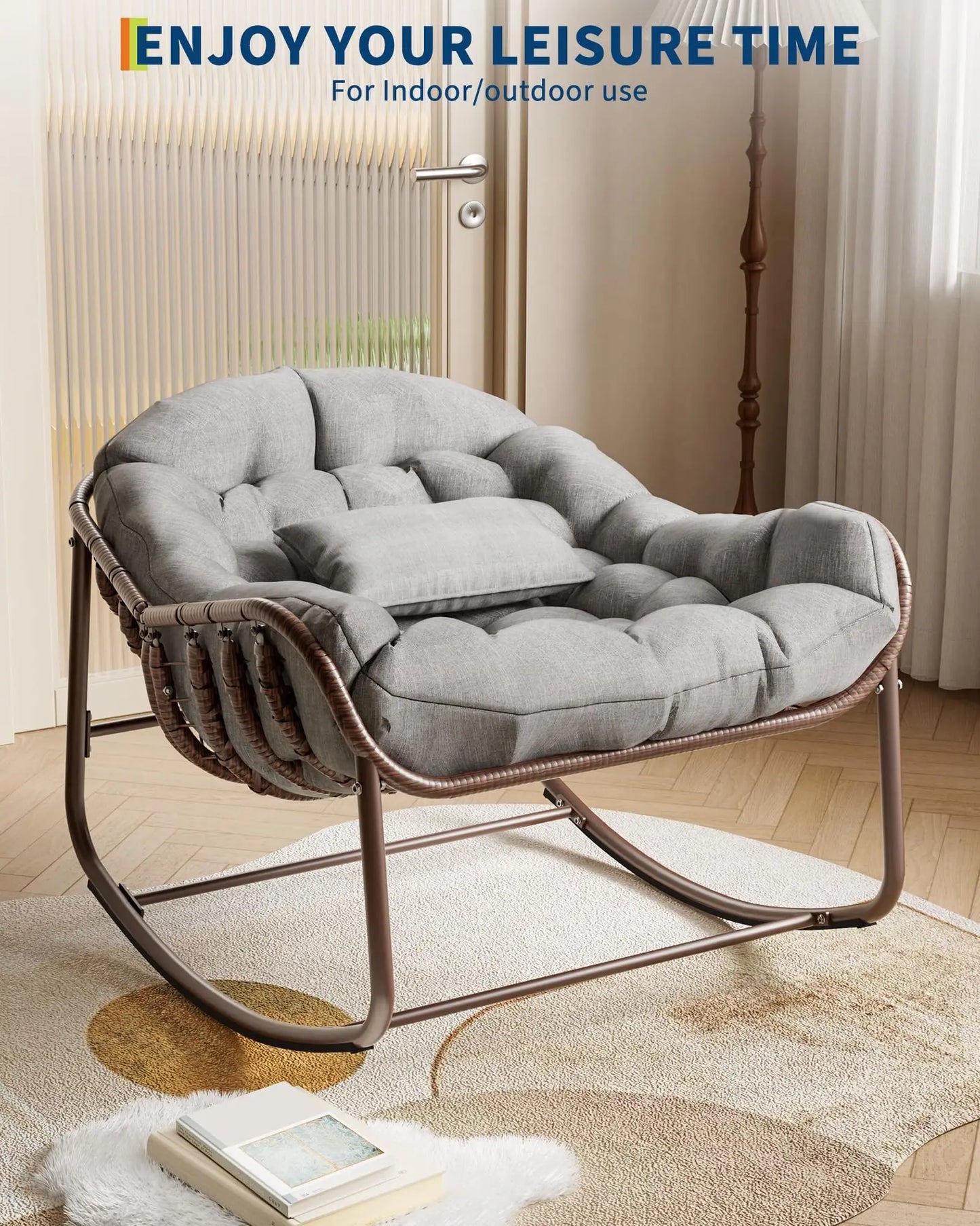 Oversized Wicker Egg Rocking Chair, Rattan Patio Rocker | Comfy Outdoor Rattan Patio Rocker with Steel Frame for Adults, Bedroom, Backyard, Balcony & Porch
