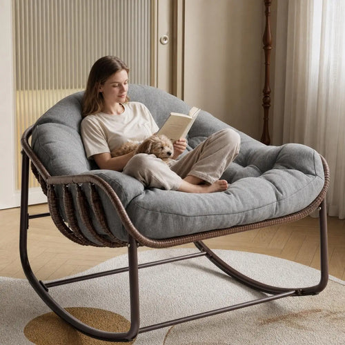 Oversized Wicker Egg Rocking Chair, Rattan Patio Rocker | Comfy Outdoor Rattan Patio Rocker with Steel Frame for Adults, Bedroom, Backyard, Balcony & Porch