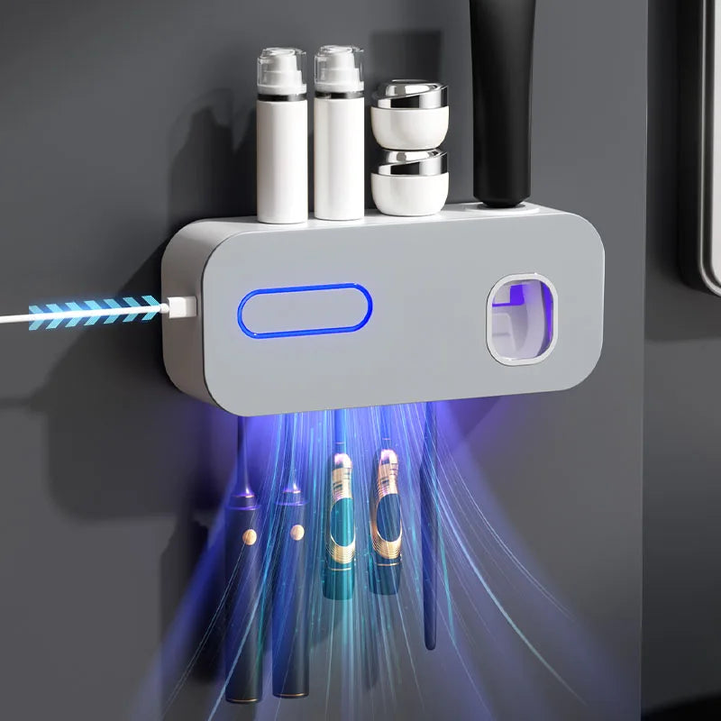 1 smart toothbrush sterilizer, wall mounted toothbrush holder with toothpaste dispenser, home decoration