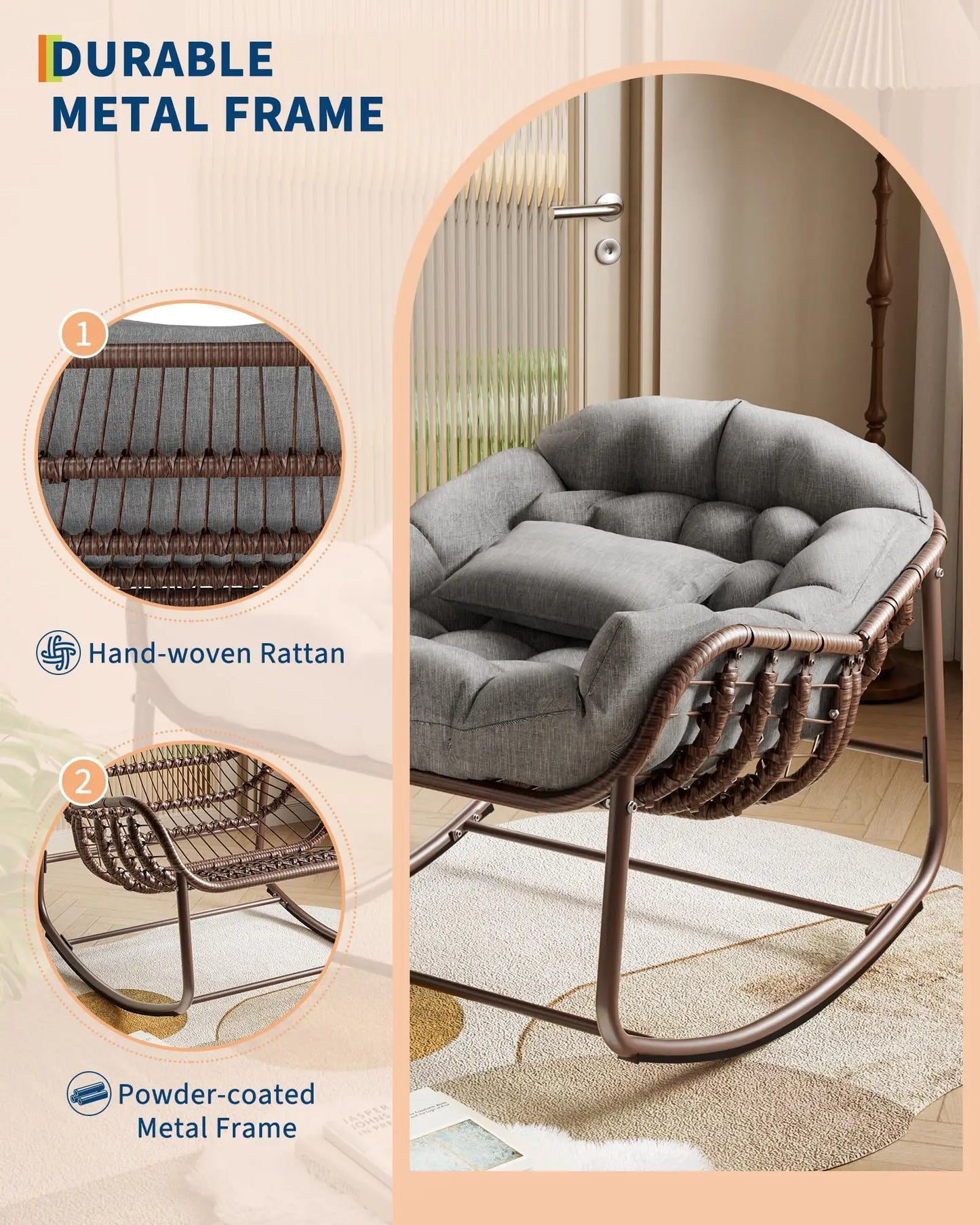 Oversized Wicker Egg Rocking Chair, Rattan Patio Rocker | Comfy Outdoor Rattan Patio Rocker with Steel Frame for Adults, Bedroom, Backyard, Balcony & Porch