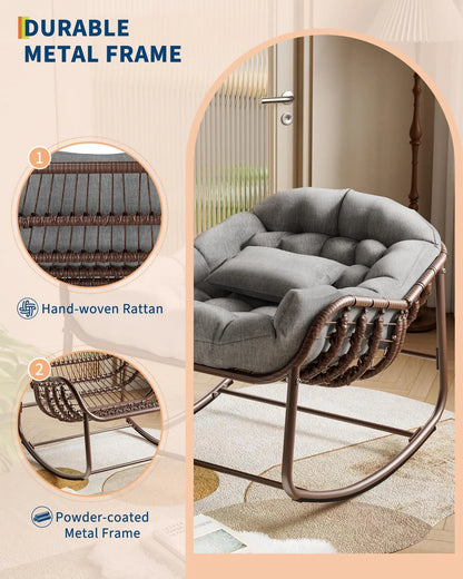 Oversized Wicker Egg Rocking Chair, Rattan Patio Rocker | Comfy Outdoor Rattan Patio Rocker with Steel Frame for Adults, Bedroom, Backyard, Balcony & Porch